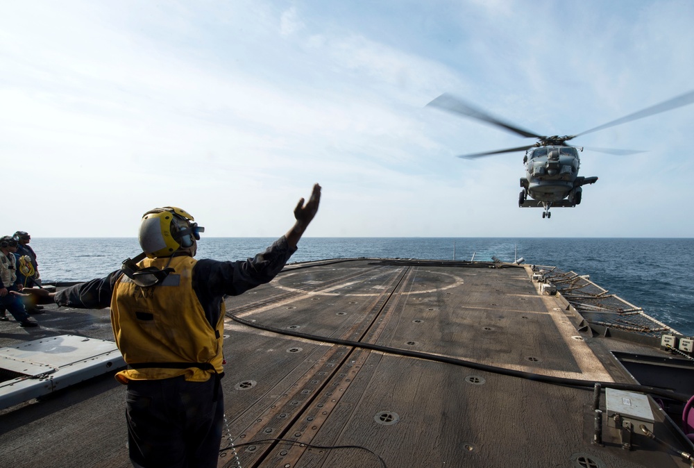 USS Philippine Sea is deployed as part of the George H.W. Bush Carrier Strike Group in support of maritime security operations, theater security cooperation efforts and missions