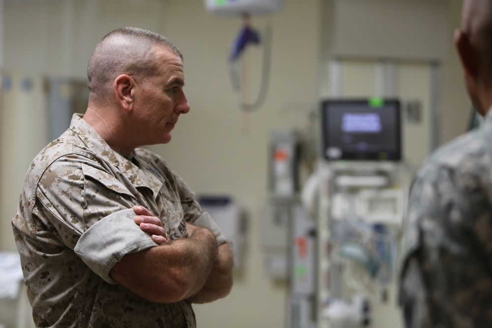 Sergeant Major Bryan B. Battaglia, the Senior Enlisted Advisor to Chairman of the Joint Chiefs of Staff, tours the Naval Hospital aboard Camp Pendleton