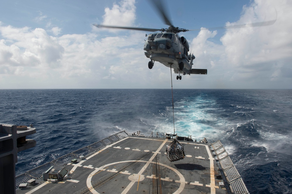 USS Rodney M. Davis conducts replenishment at sea with USNS Pecos