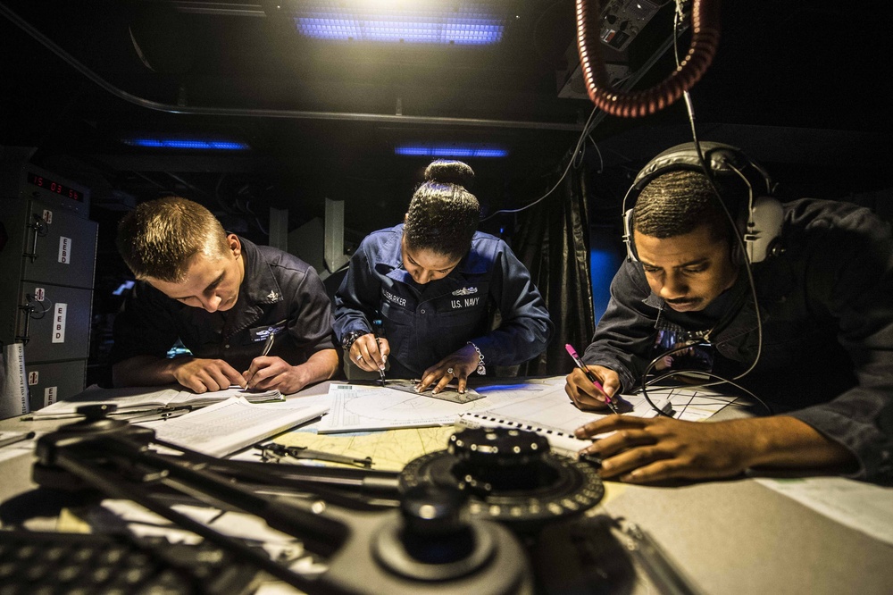 USS Halsey Sailors plot and log ship's position