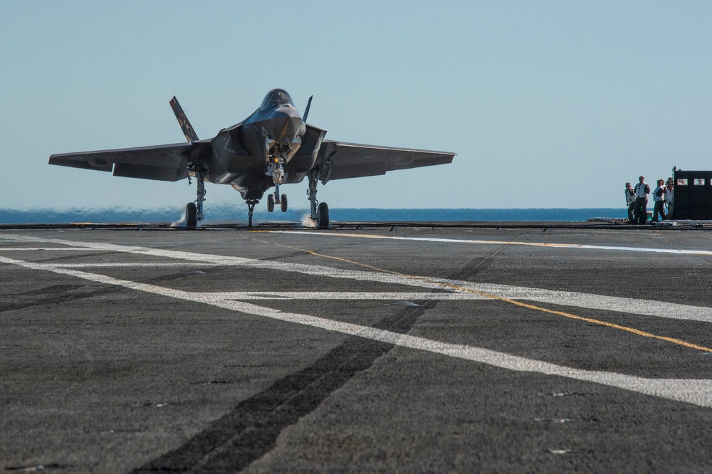 F-35C Joint Strike Fighter conducts its first arrested landing on an aircraft carrier