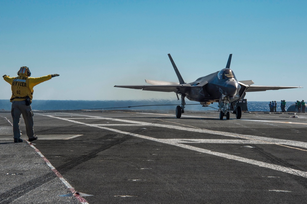 F-35C Joint Strike Fighter conducts its first arrested landing on an aircraft carrier