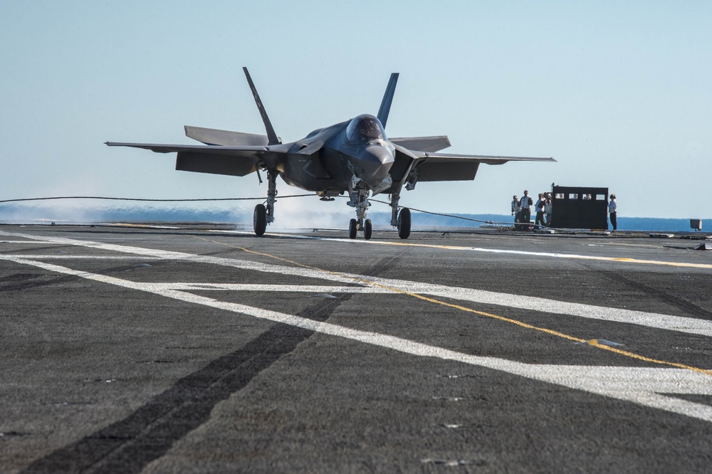 F-35C Joint Strike Fighter conducts its first arrested landing on an aircraft carrier