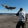 A Landing Signal Officer (LSO) wearing a white vest labeled 'STRIKE PADDLES' monitors an F-35 fighter jet approaching for landing on an aircraft carrier flight deck. The aircraft has its landing gear deployed and is in a low hover or final approach configuration. The scene takes place on a clear day over open ocean.
