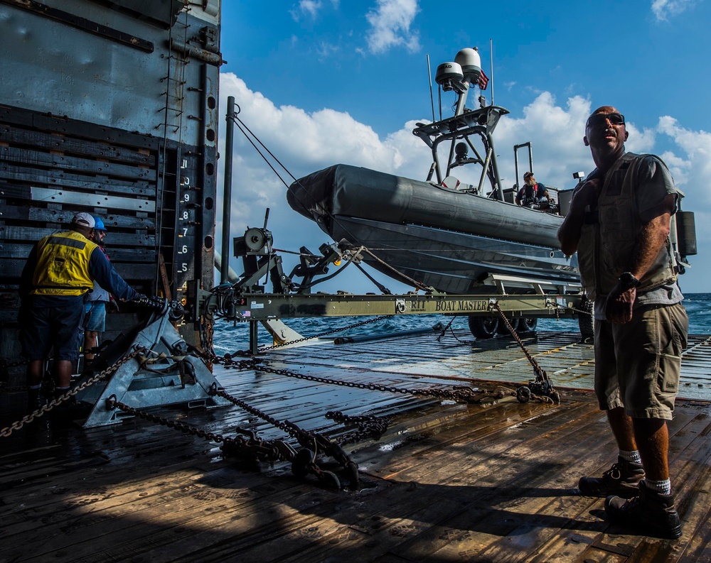 Civilian mariner launches an inflatable boat