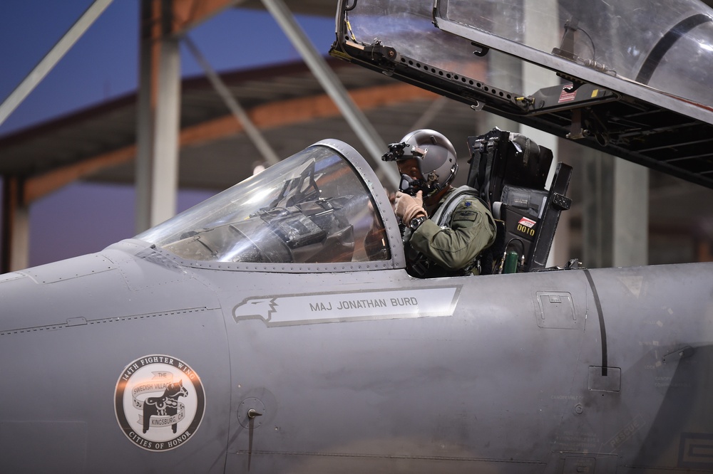 California Air National Guard trains during night at the 144th Fighter Wing