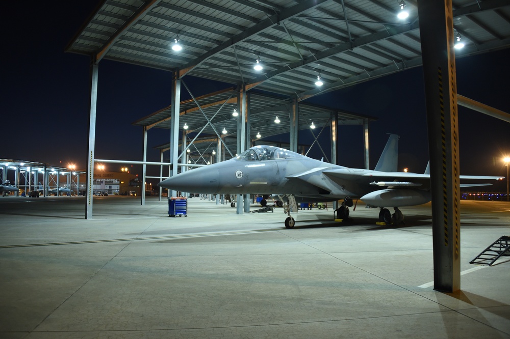 California Air National Guard trains during night at the 144th Fighter Wing