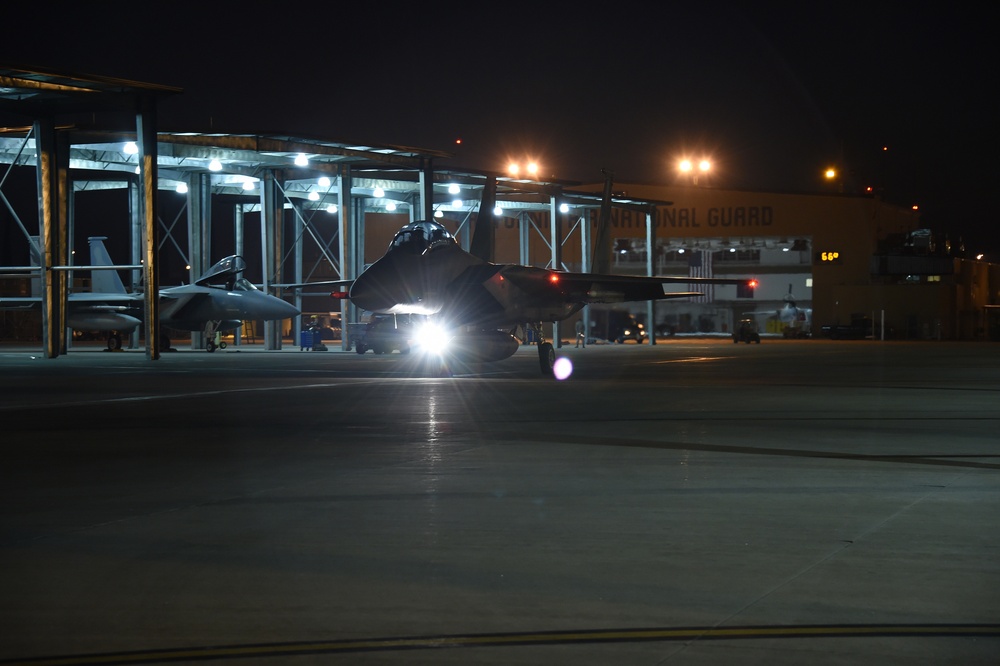 California Air National Guard trains during night at the 144th Fighter Wing