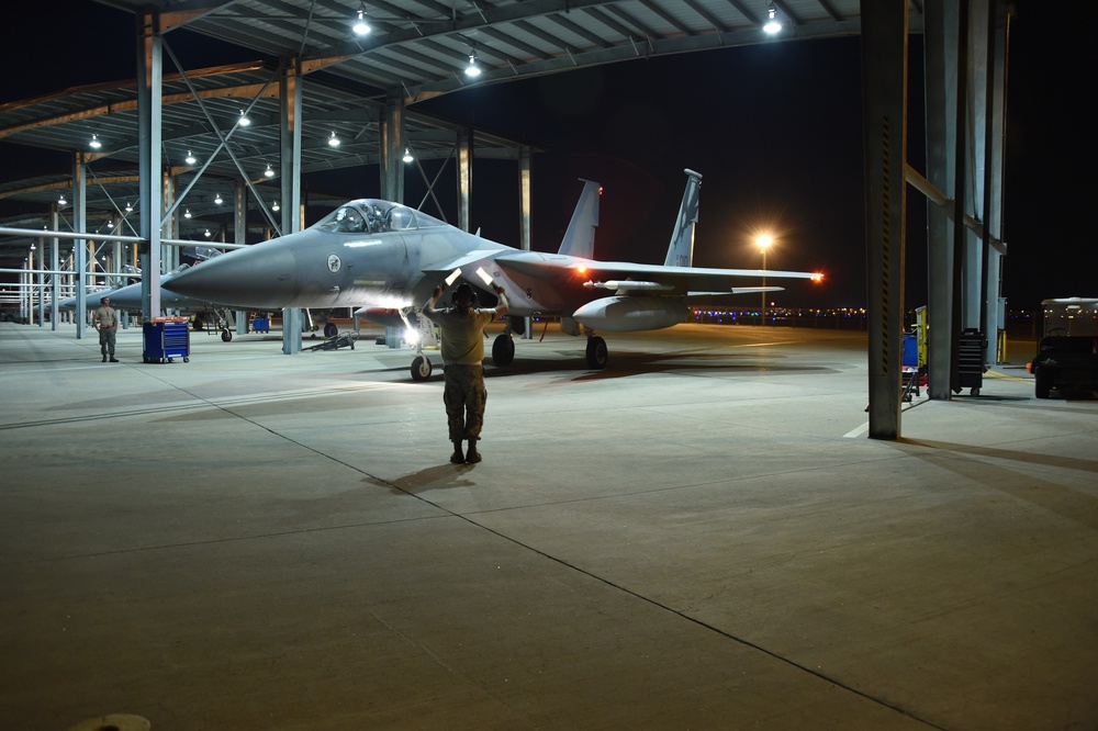 California Air National Guard trains during night at the 144th Fighter Wing