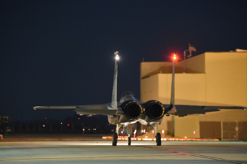 California Air National Guard trains during night at the 144th Fighter Wing