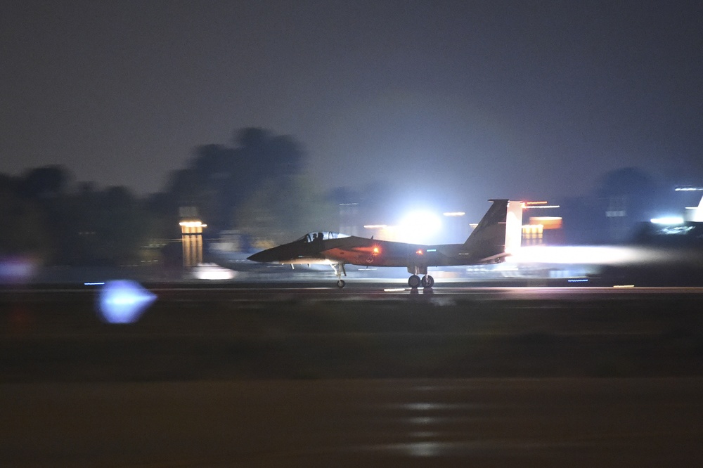 California Air National Guard trains during night at the 144th Fighter Wing