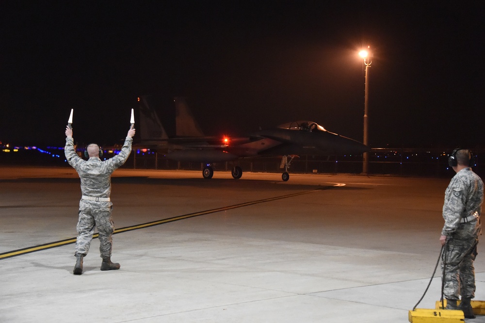 California Air National Guard trains during night at the 144th Fighter Wing