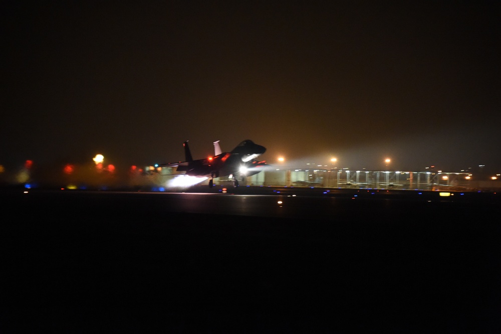 California Air National Guard trains during night at the 144th Fighter Wing