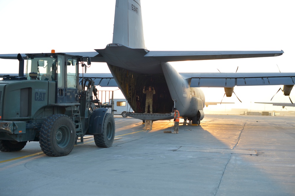 EAPS Airmen unload C-130 Hercules at Bagram Air Field