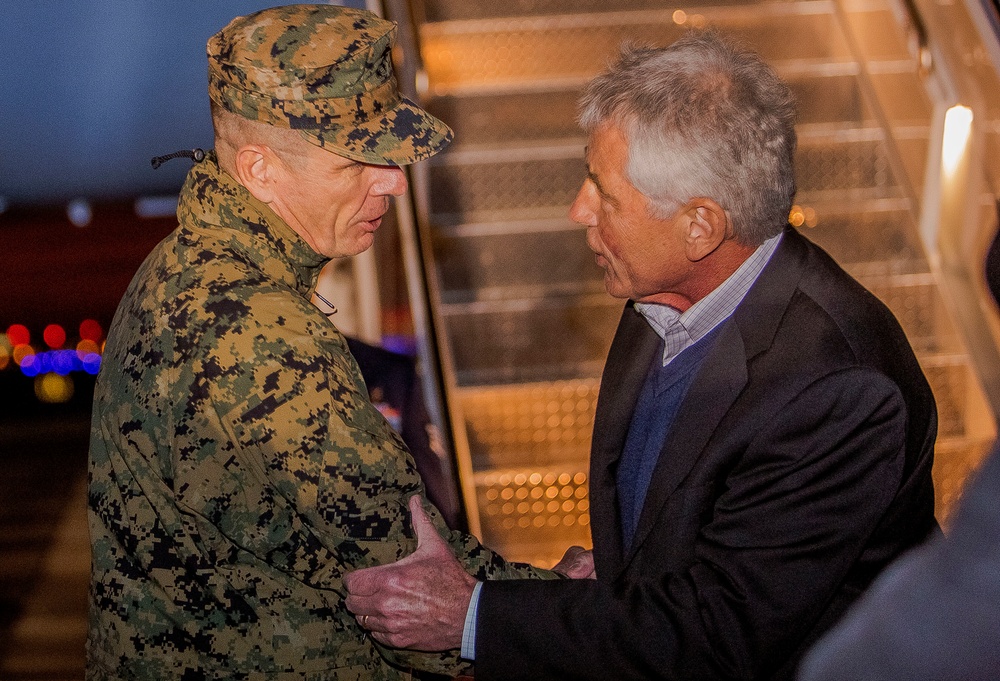 US Secretary of Defense, The Honorable Mr. Chuck Hagel, arrives for visit to Marine Corps Base Camp Lejeune, NC