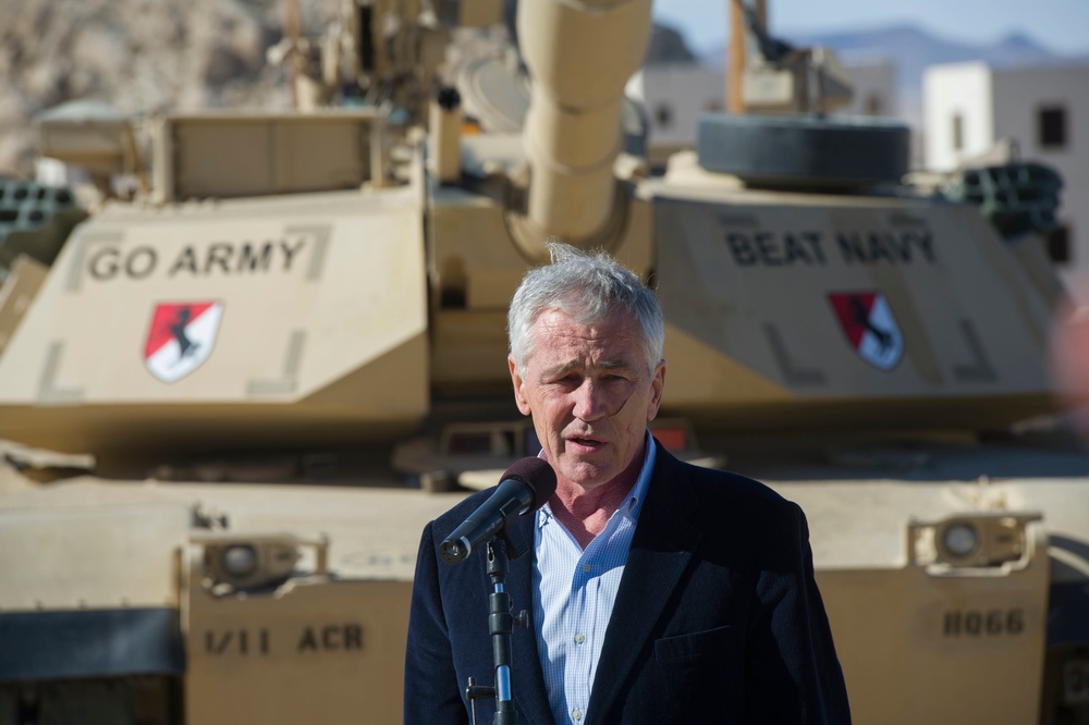 Secretary of Defense Chuck Hagel at Fort Irwin