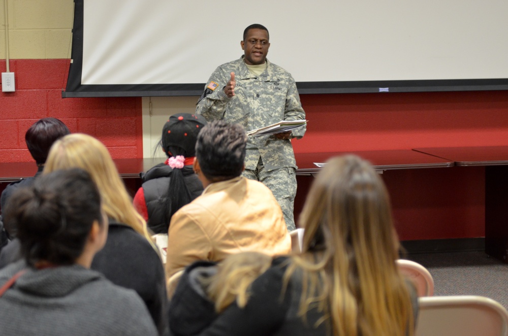 Lt. Col. LaDary Franklin talks to Soldiers and family members of the 36th Engineer Brigade