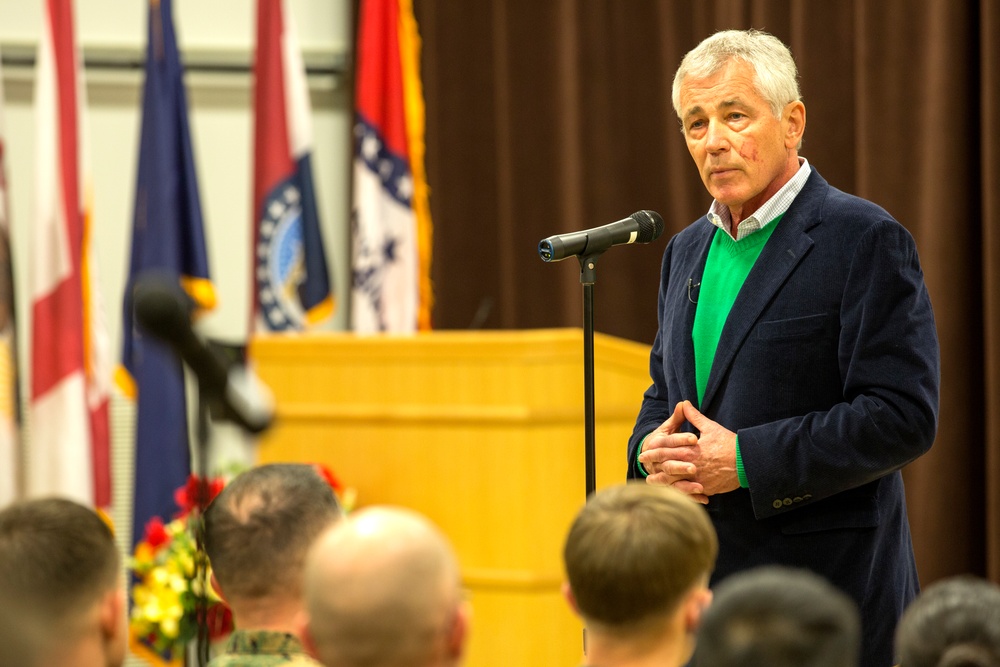 Secretary of Defense Chuck Hagel visits service members aboard Camp Lejeune