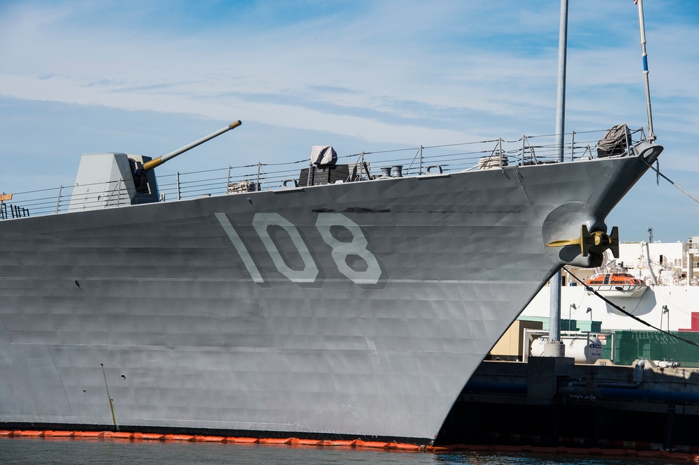 USS Wayne E. Meyer (DDG 108) is moored pier side at Naval Base San Diego