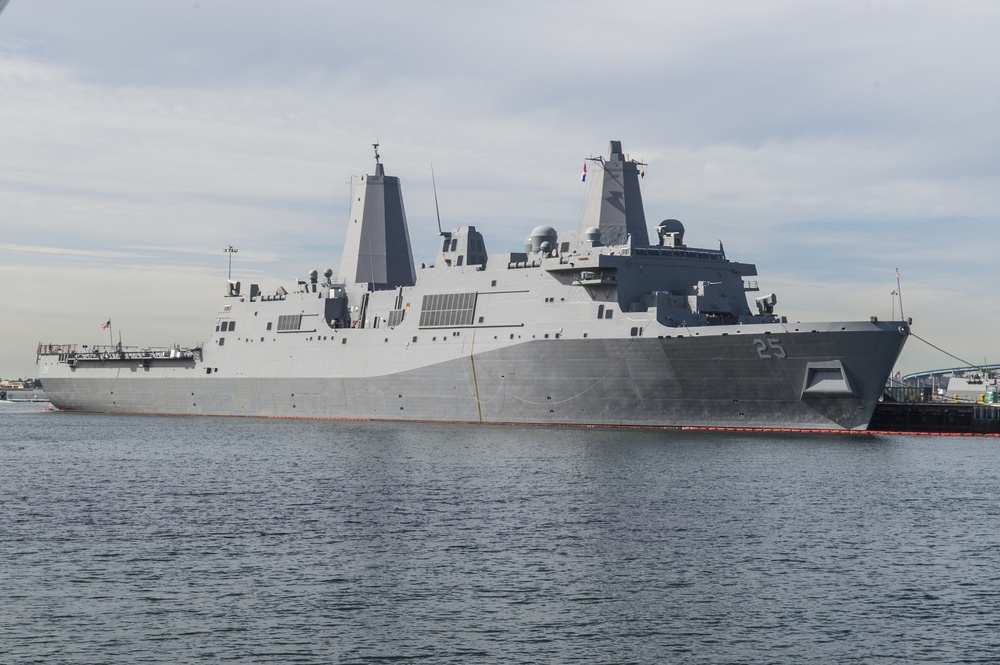 USS Somerset (LPD 25) is moored pier side at Naval Base San Diego