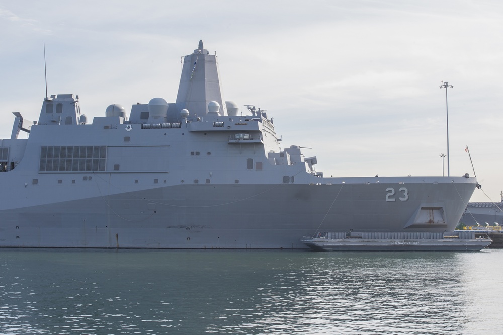 USS Anchorage (LPD 23) is moored pier side at Naval Base San Diego