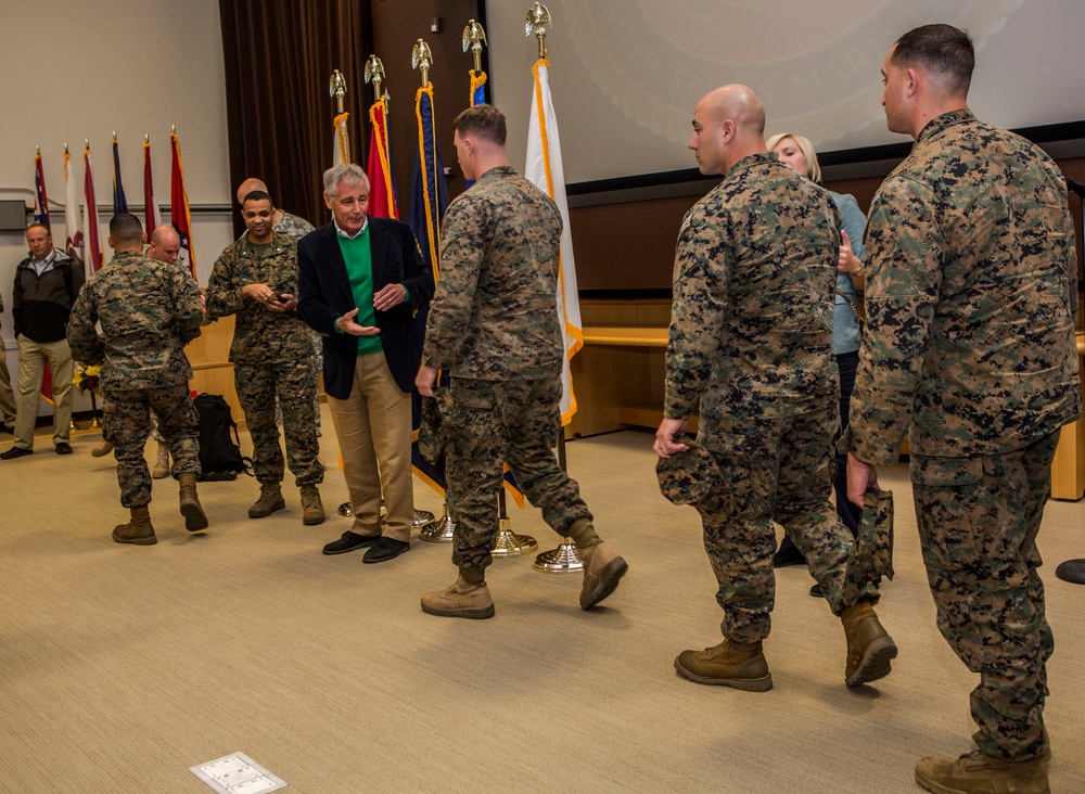 US Secretary of Defense, The Honorable Mr. Chuck Hagel, visits Marine Corps Base Camp Lejeune, NC