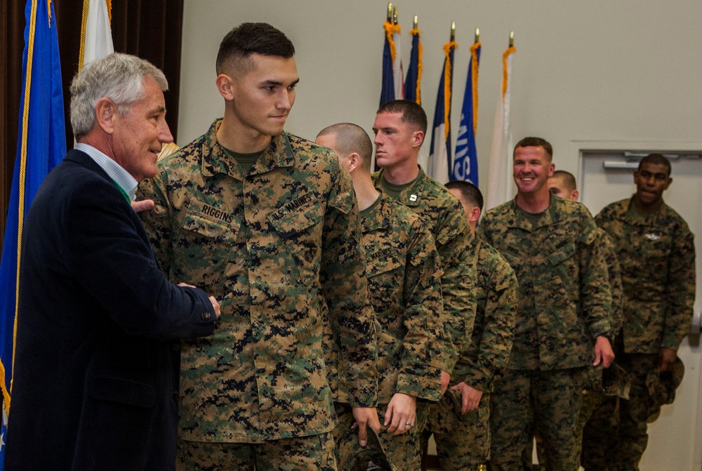 US Secretary of Defense, The Honorable Mr. Chuck Hagel, visits Marine Corps Base Camp Lejeune, NC