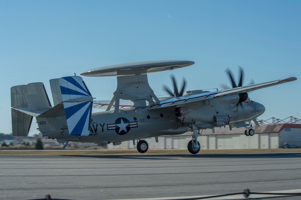 An E-2D Advanced Hawkeye launches from Naval Station Norfolk