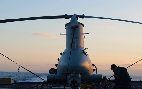MQ-8B Fire Scout unmanned autonomous helicopter aboard the littoral combat ship USS Fort Worth (LCS-3)