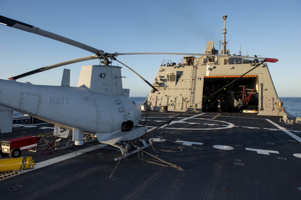MQ-8B Fire Scout unmanned autonomous helicopter aboard the littoral combat ship USS Fort Worth (LCS-3)