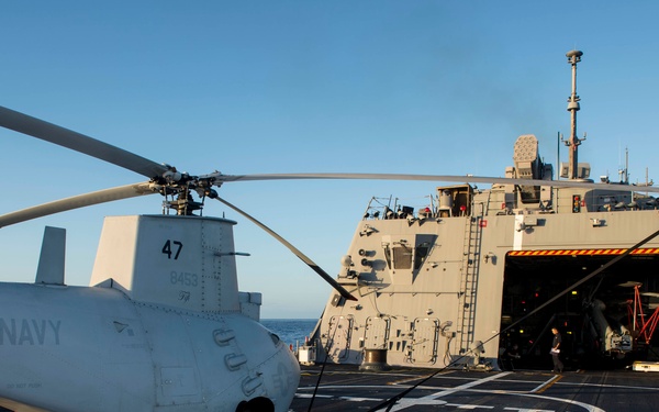 MQ-8B Fire Scout unmanned autonomous helicopter aboard the littoral combat ship USS Fort Worth (LCS-3)