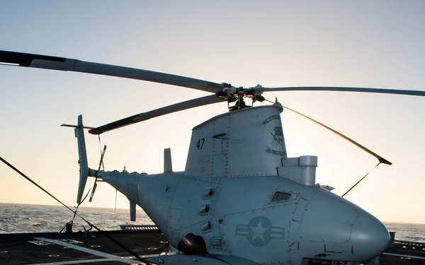 MQ-8B Fire Scout unmanned autonomous helicopter aboard the littoral combat ship USS Fort Worth (LCS-3)