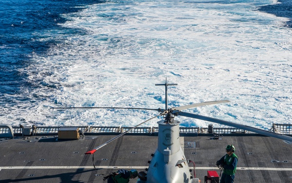 MQ-8B Fire Scout unmanned autonomous helicopter aboard the littoral combat ship USS Fort Worth (LCS-3)