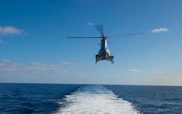 MQ-8B Fire Scout unmanned autonomous helicopter aboard the littoral combat ship USS Fort Worth (LCS-3)