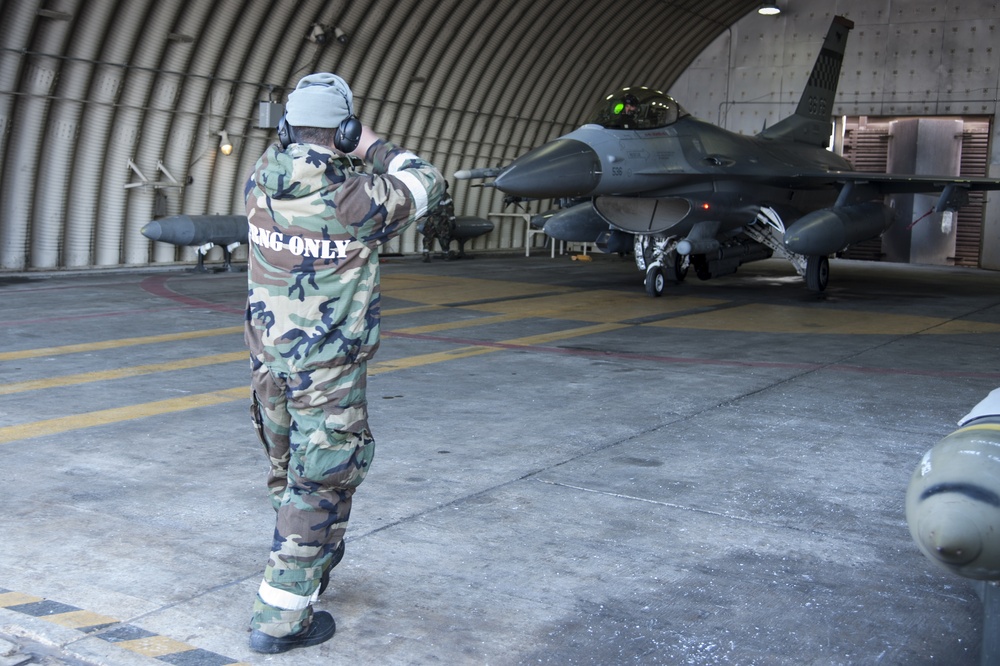 Osan crew chiefs prepare F-16 for flight