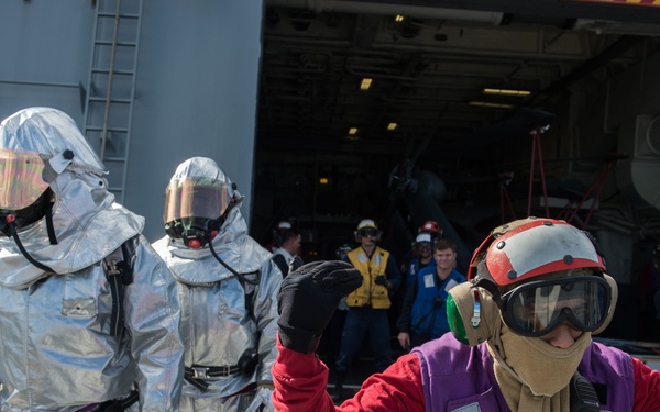 Aircraft crash simulation aboard littoral combat ship USS Fort Worth (LCS-3)