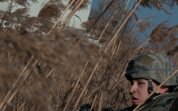 A soldier in woodland camouflage uniform and helmet is positioned in tall dry reeds or marsh grass, holding an assault rifle with an optic sight. The individual appears to be conducting a field training exercise or patrol in a wetland or marshy environment. A structure is partially visible in the background through the vegetation.