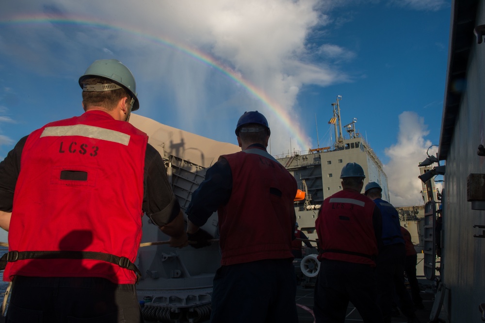 Replenishment at sea aboard the Littoral Combat Ship USS Fort Worth (LCS 3)