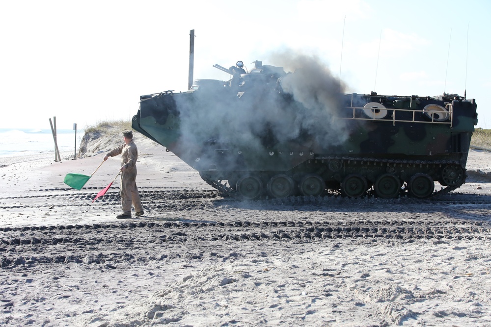 Integrated Task Force AAVs splash on Onslow Beach