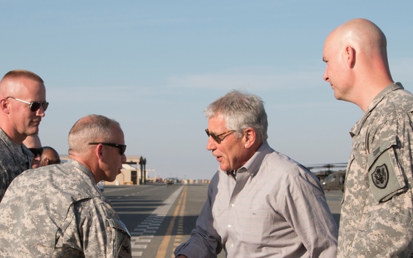 Defense Secretary Hagel Arrives at Camp Buehring