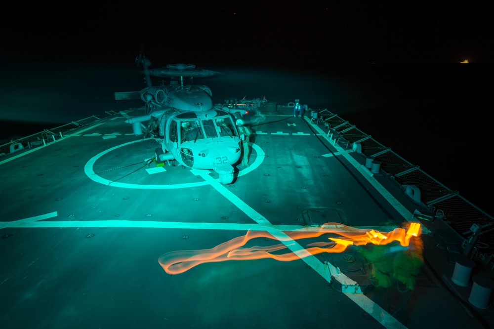 USS Mitscher conducts night delayed landing qualifications