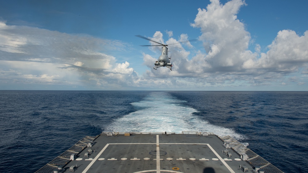 Fire Scout flight operations aboard littoral combat ship USS Fort Worth (LCS 3)