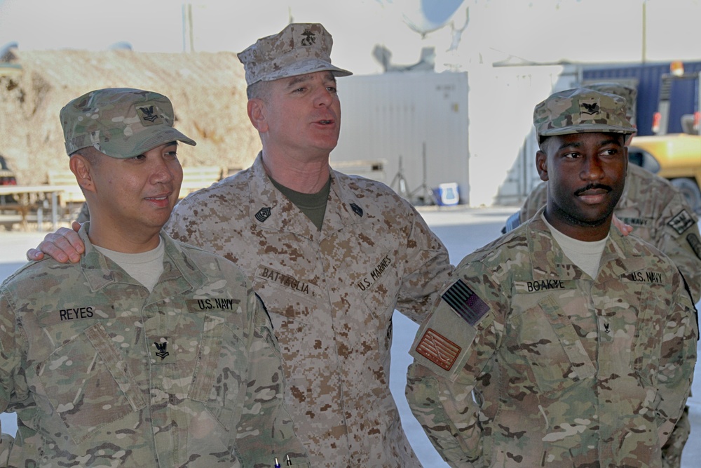 Sgt. Maj. Battaglia promotes Sailors in Kandahar, Afghanistan