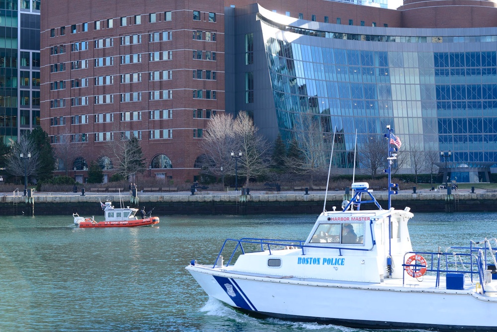 Coast Guard crews partner with local and federal law enforcement teams in Boston Harbor to provide maritime security for the Boston Marathon Bombing Trial