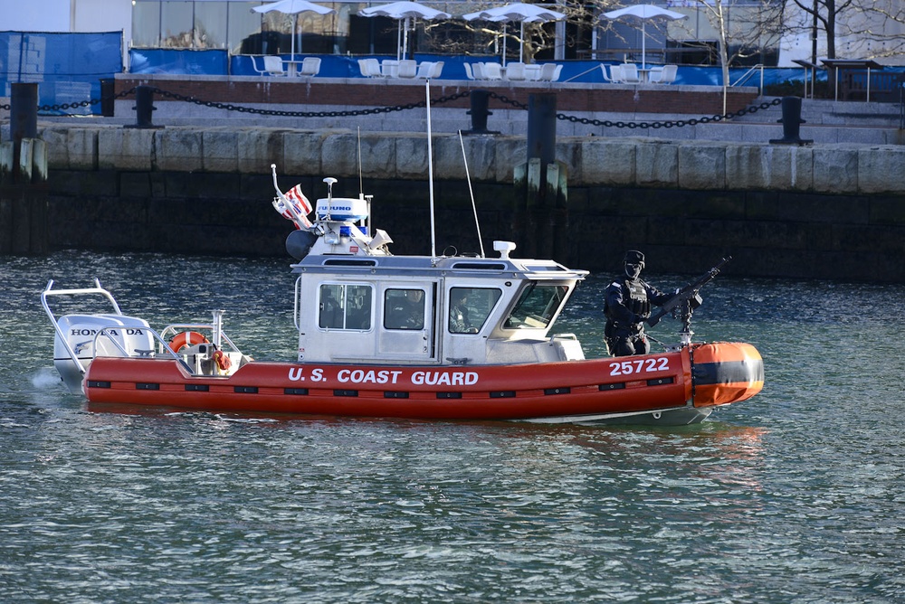 Coast Guard crews partner with local and federal law enforcement teams in Boston Harbor to provide maritime security for the Boston Marathon Bombing Trial
