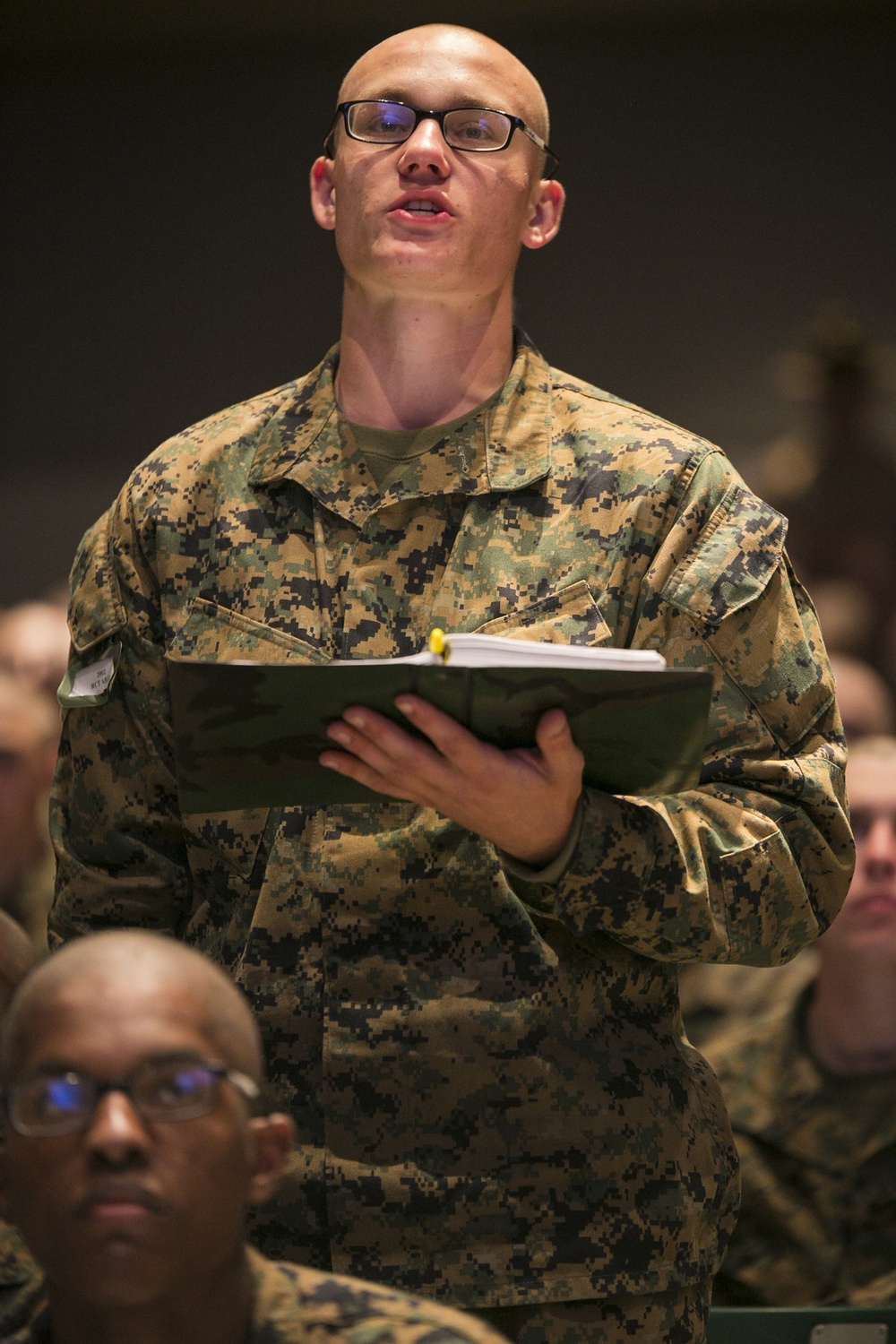 Marine recruits take notes during history class on Parris Island