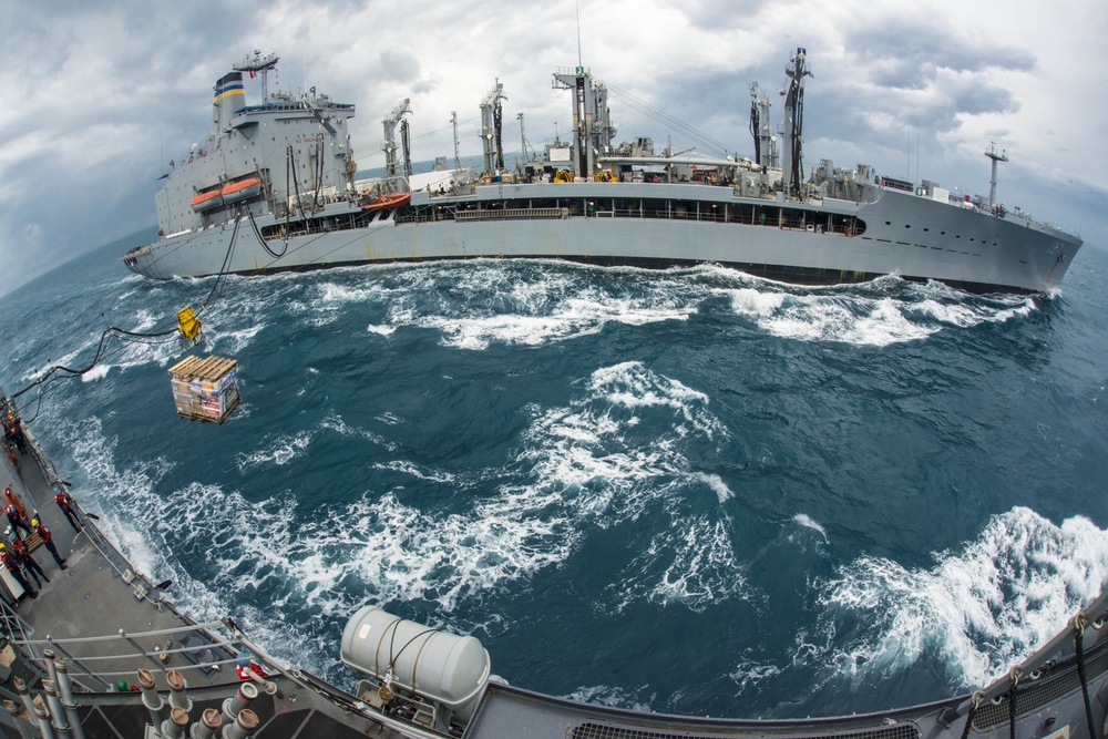 US Navy ships conduct replenishment-at-sea