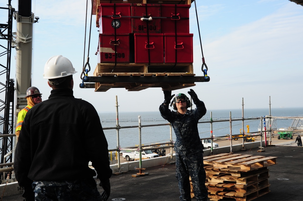 VFA-37 Sailors load supplies aboard USS George H.W. Bush