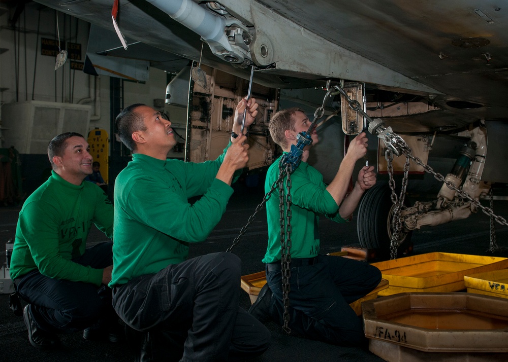 F/A-18C Hornet maintenance aboard USS Carl Vinson