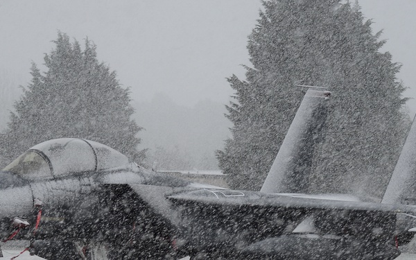 Snow falls on Liberty Wing